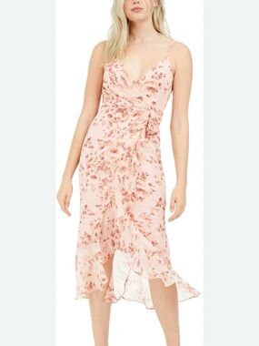 Bardot Blush Floral Faux Wrap Midi Dress with Ruffle Hem